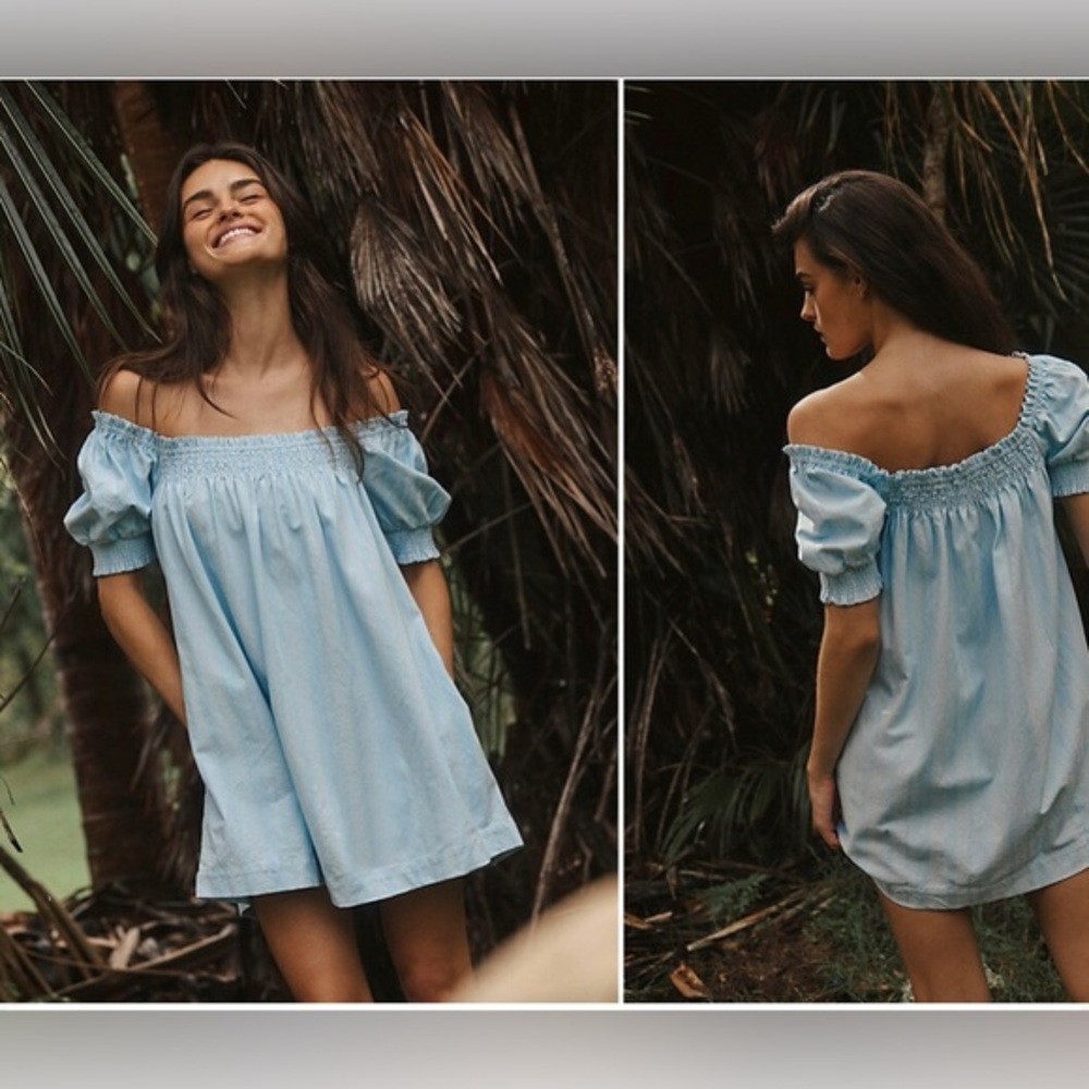 Free people mila light blue smocked puff sleeve mini babydoll dress size small - Picture 6 of 12
